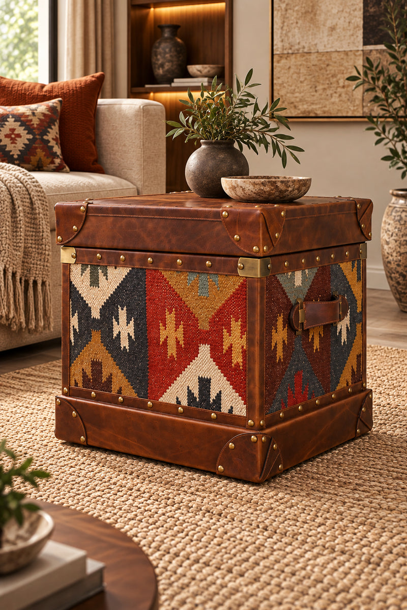Madras Leather-Top Kilim Trunk
