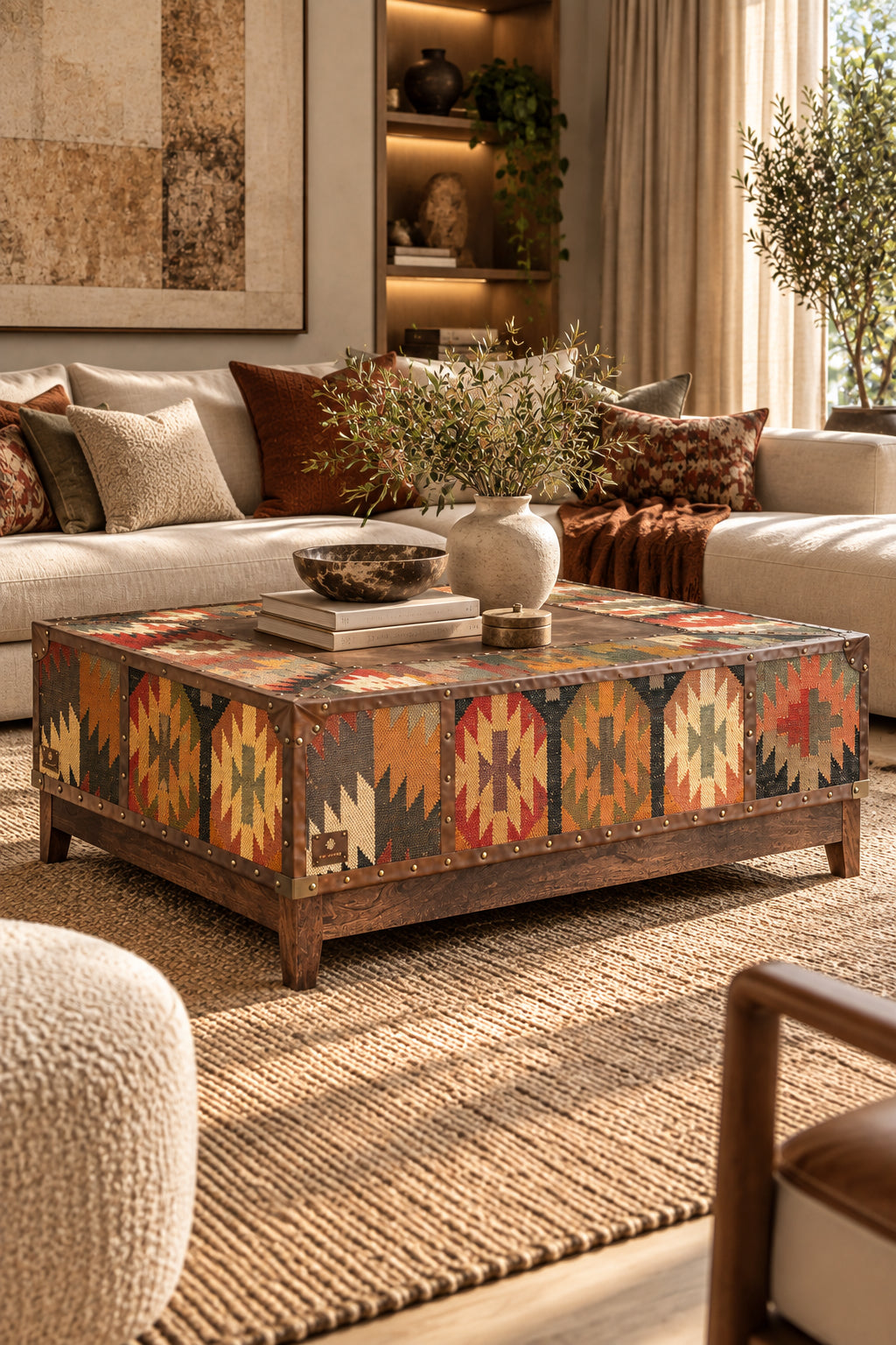 Mandawa kilim and leather trunk coffee table, 120 cm square, in a living room with cream sofas and a jute rug, Art Avenue, made to order