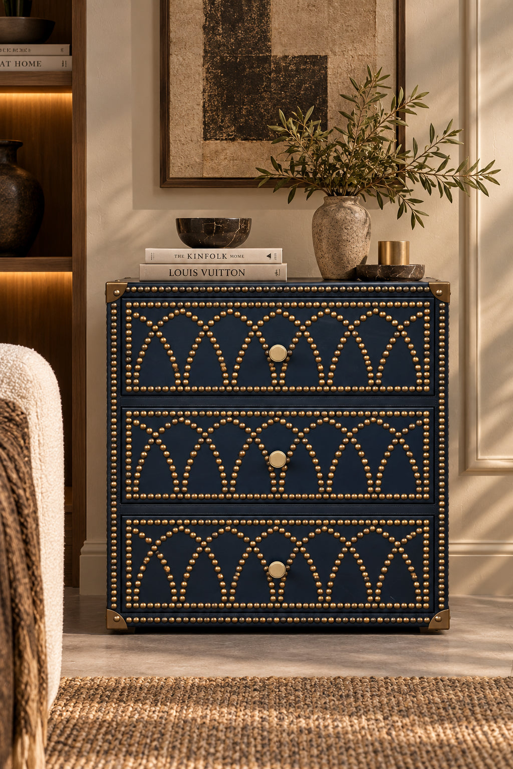 Samode studded leather bedside chest, 55 by 55 by 60 cm