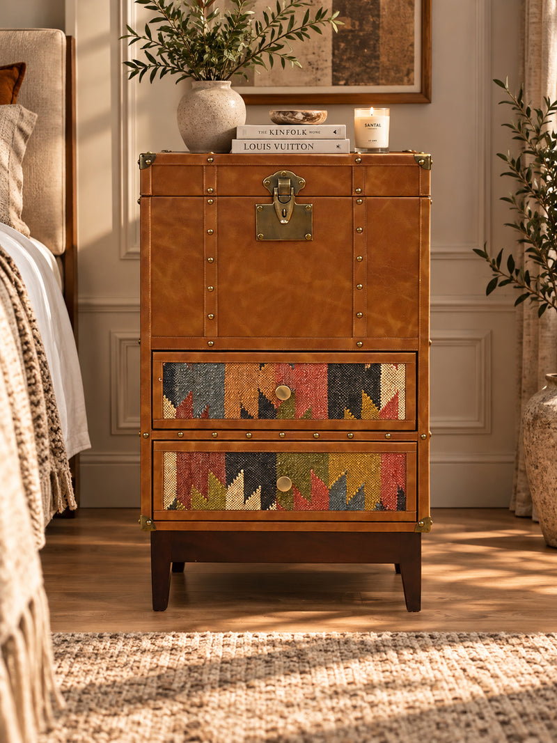Osian kilim and leather drawer trunk in tan leather with vintage kilim panels and solid wood tapered legs, handmade to order by Art Avenue.