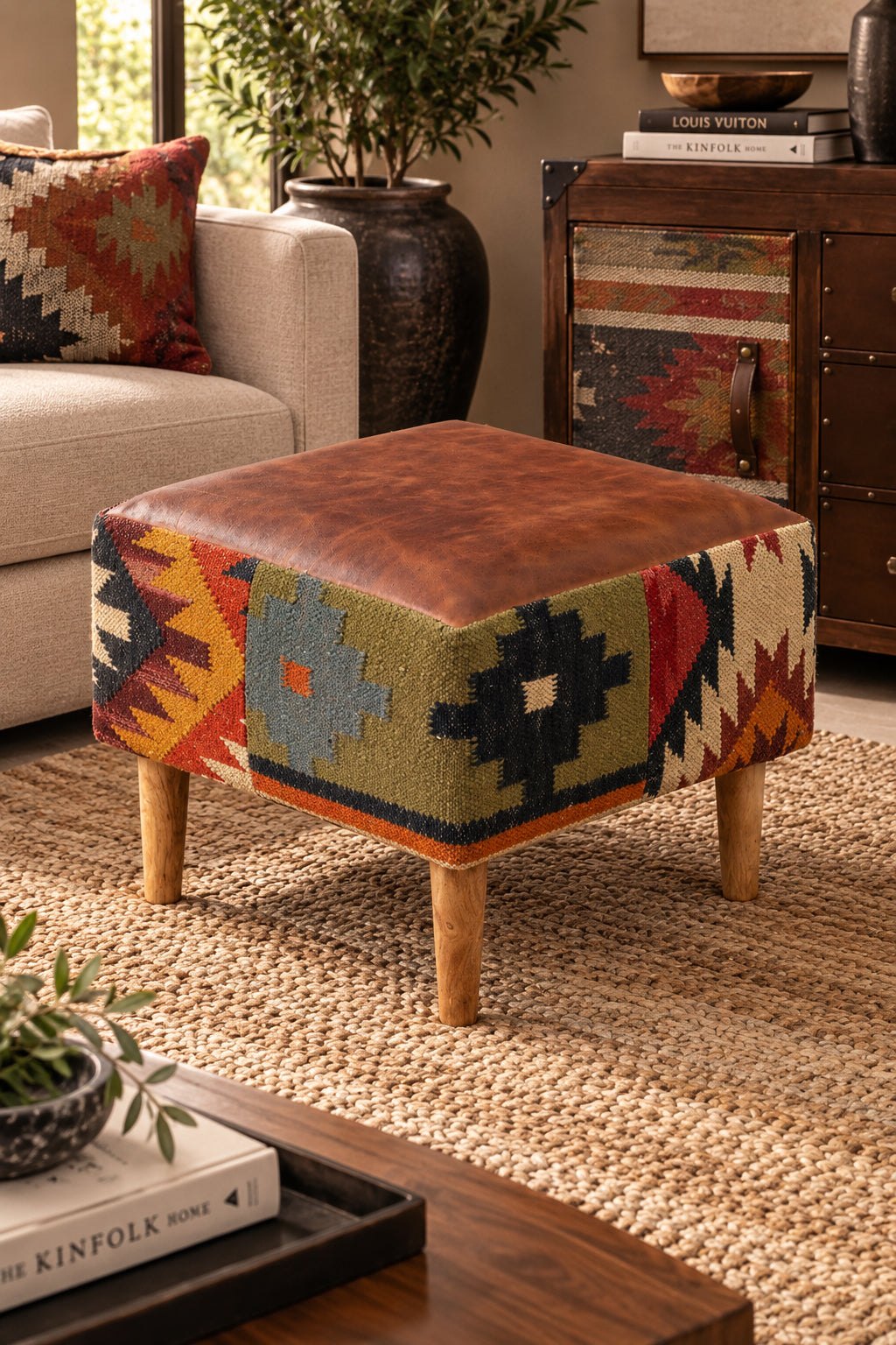 Raipur Kilim & Leather Ottoman