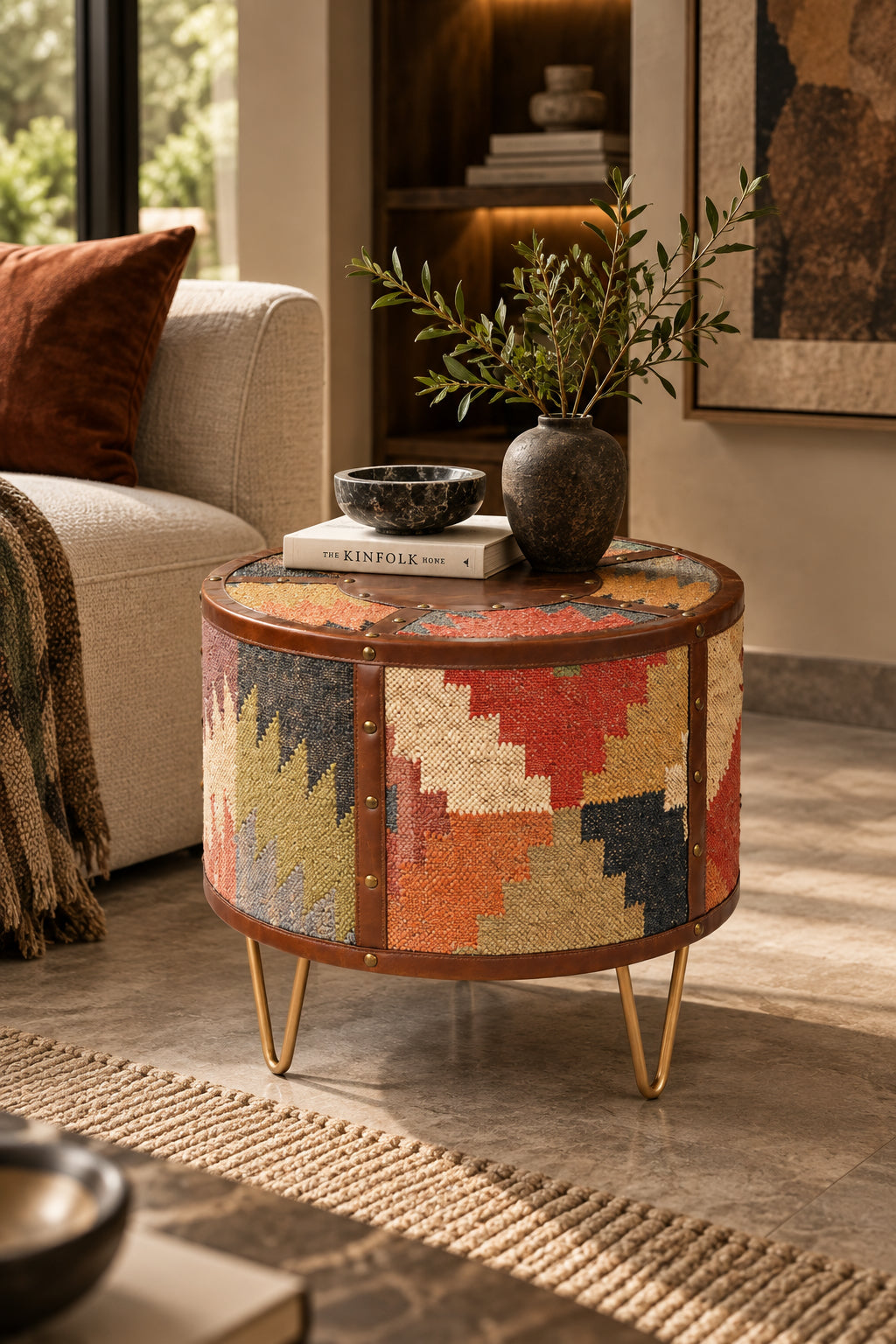 Alwar kilim and leather drum side table styled in a room — Art Avenue, made to order