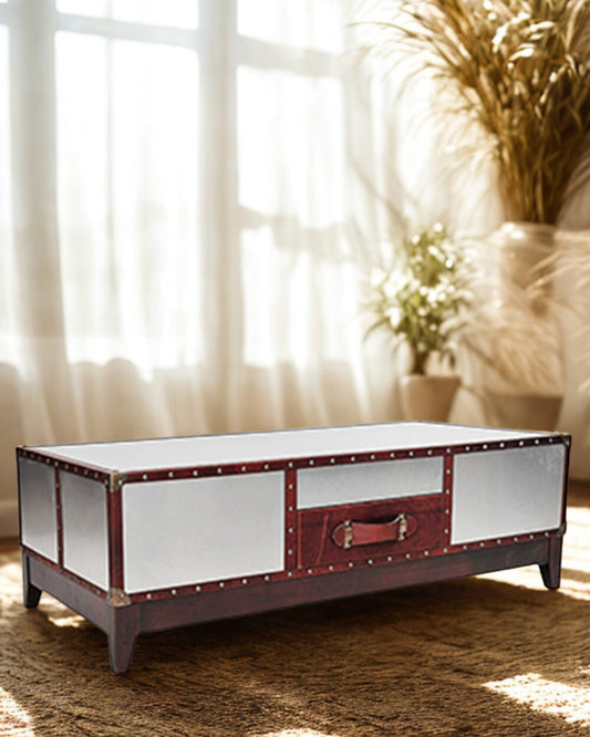 SILVER COFFEE TABLE - ALUMINIUM AND LEATHER