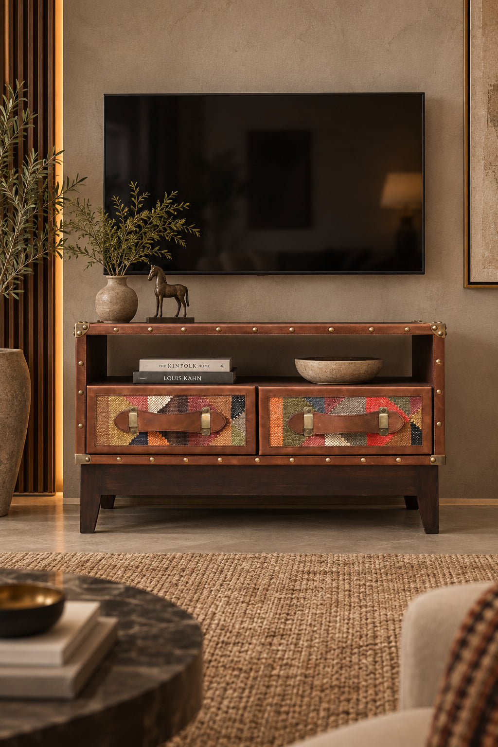 Barmer kilim and leather TV unit — open bay above two kilim-panelled drawers, on a solid wood base with tapered legs