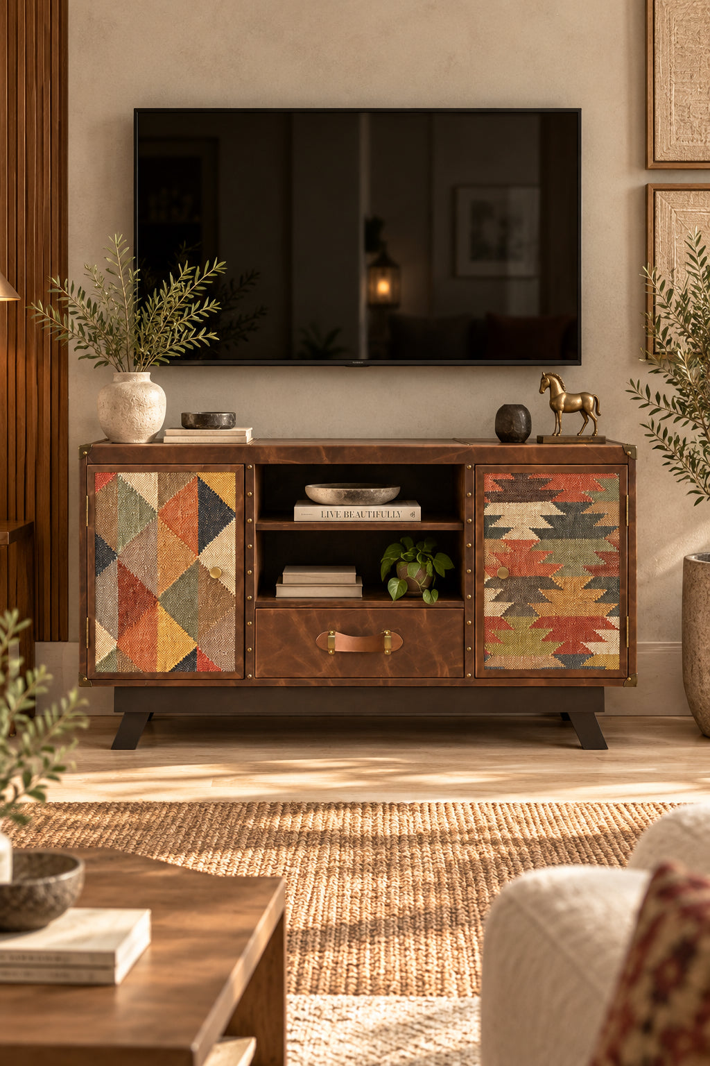 Mukundgarh kilim and leather TV unit by Art Avenue, a desk-height media cabinet with kilim-panelled doors, styled in a living room — made to order