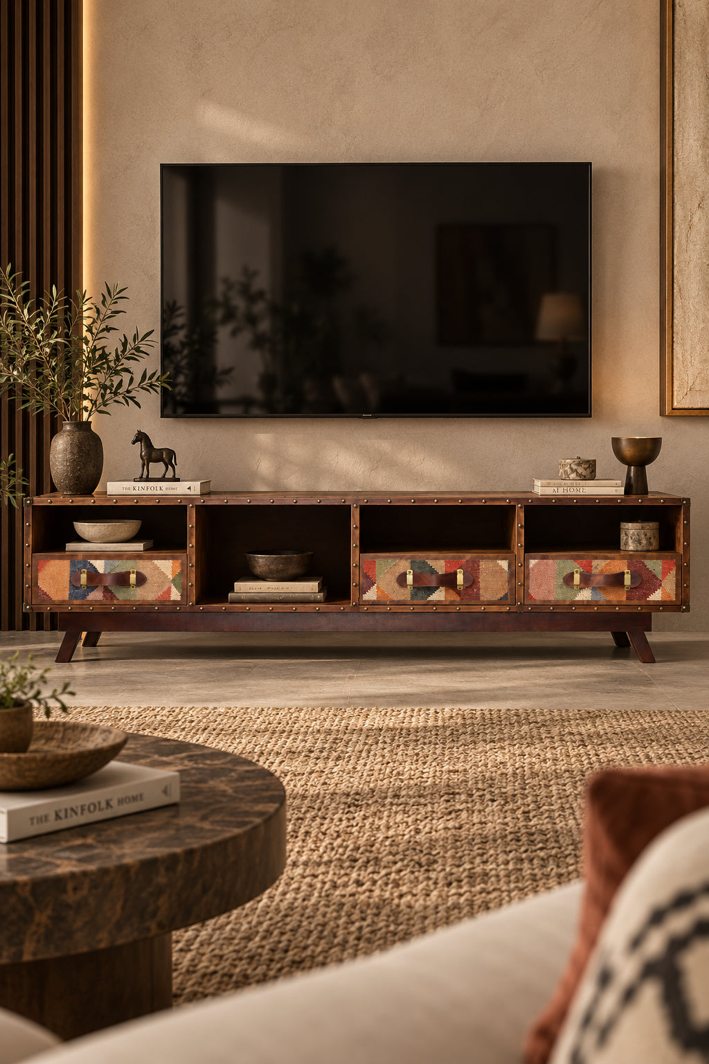Ranakpur kilim and leather TV unit by Art Avenue beneath a wall-mounted television in a warm living room, made to order