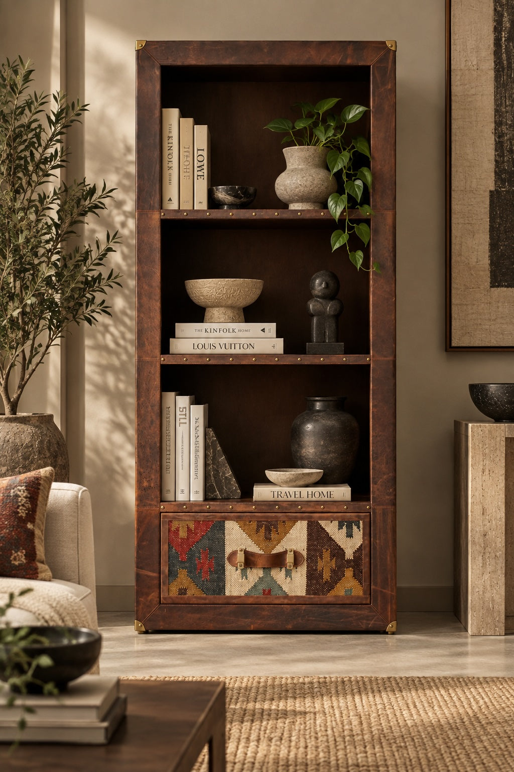 Expat kilim book shelf by Art Avenue, handwoven kilim and wood — image 1 of 12