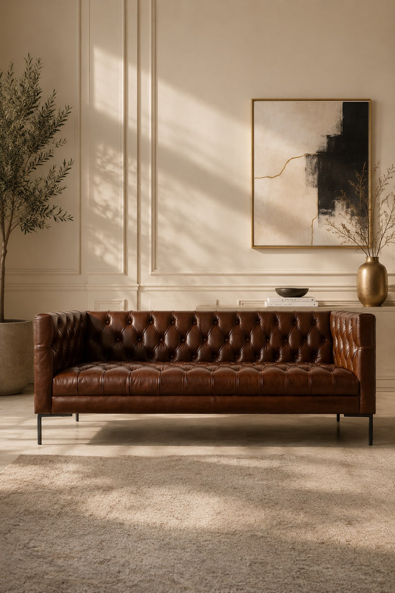 Windsor tufted leather sofa by Art Avenue, handmade to order — image 1 of 6