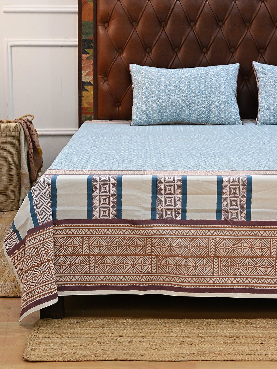 SPIRAL SEA BLUE COTTON BLOCK PRINTED DOUBLE BEDSHEET WITH PILLOW - ART AVENUE