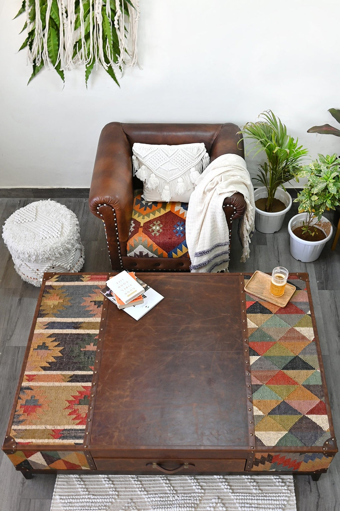 CHANDIGARH COFFEE TABLE - KILIM AND LEATHER - ART AVENUE