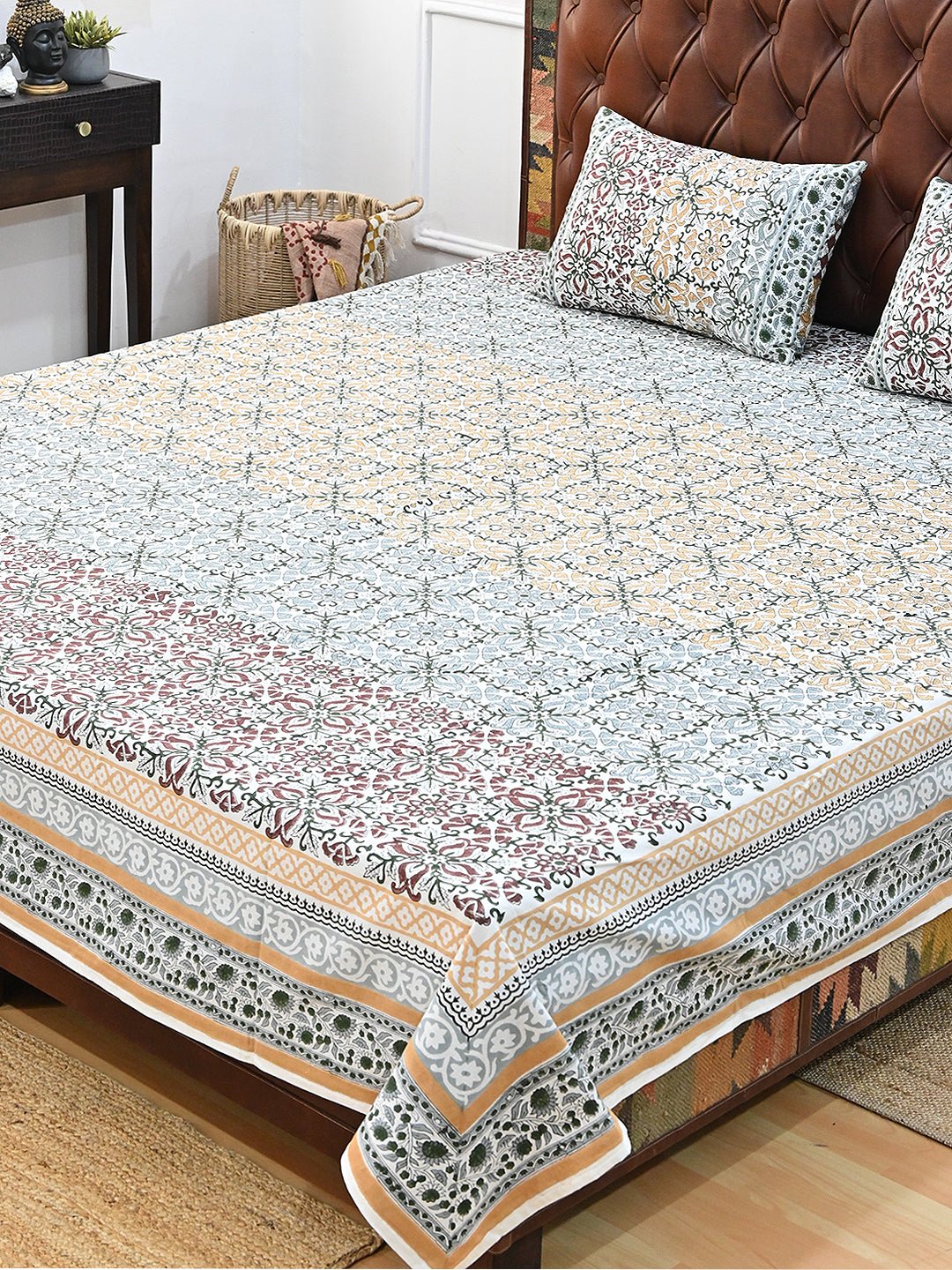 SUHANI JAAL FLORAL COTTON PRINTED DOUBLE BEDSHEET WITH PILLOW - ART AVENUE