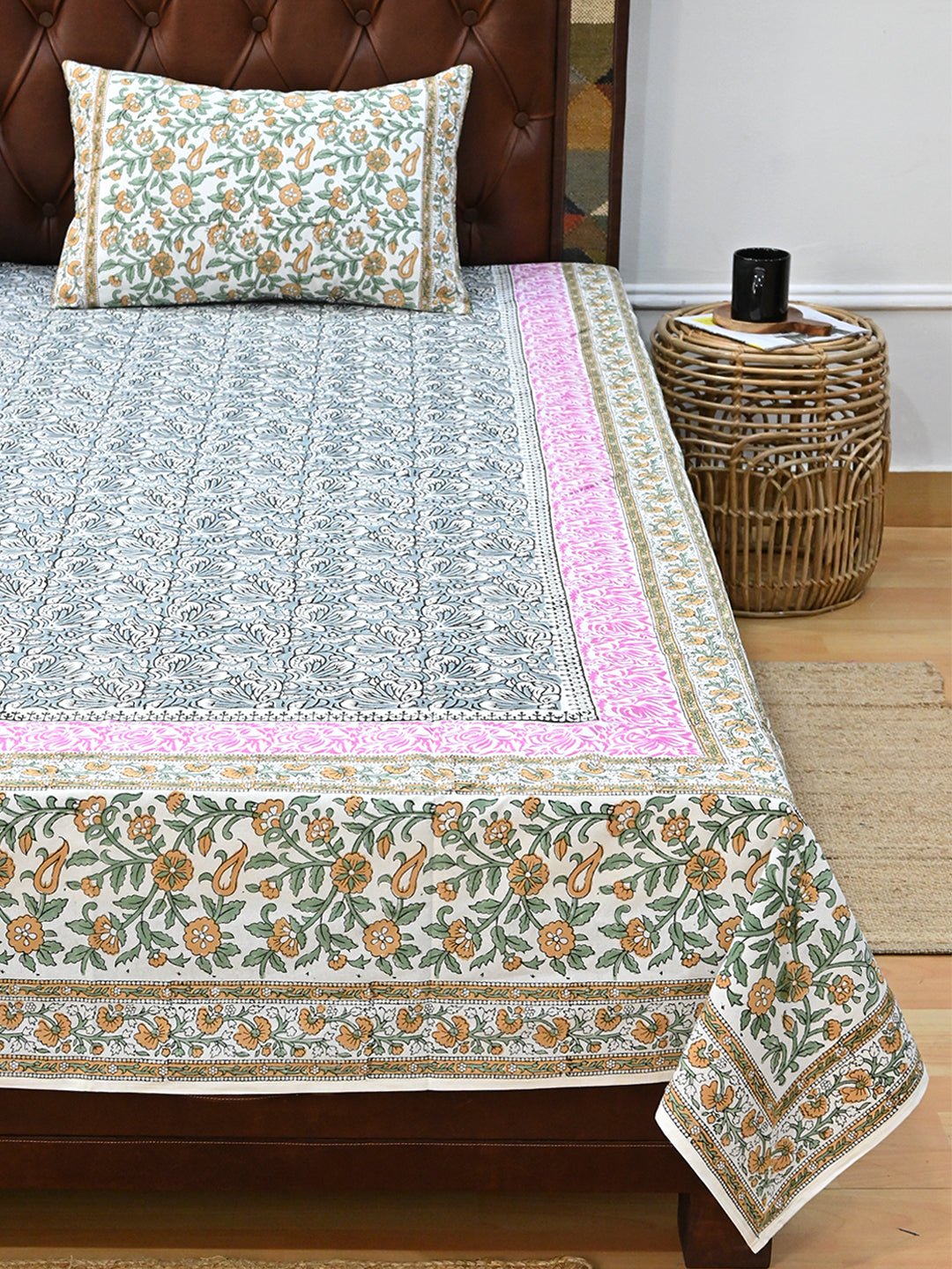 CHINTZ FLORAL COTTON PRINTED DOUBLE BEDSHEET WITH PILLOW - ART AVENUE