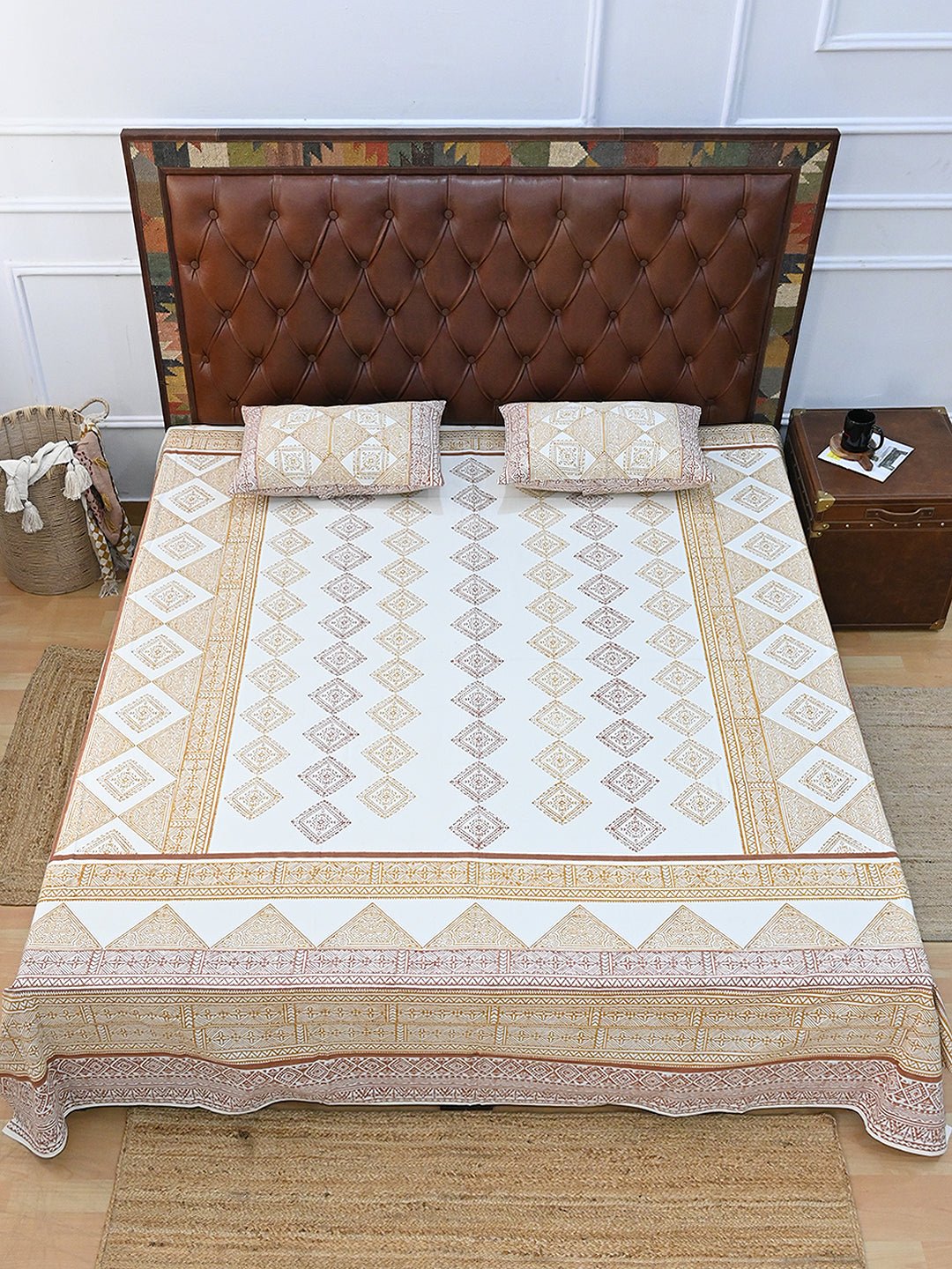 GEOMETRIC EARTHY TONE COTTON PRINTED DOUBLE BEDSHEET WITH PILLOW - ART AVENUE