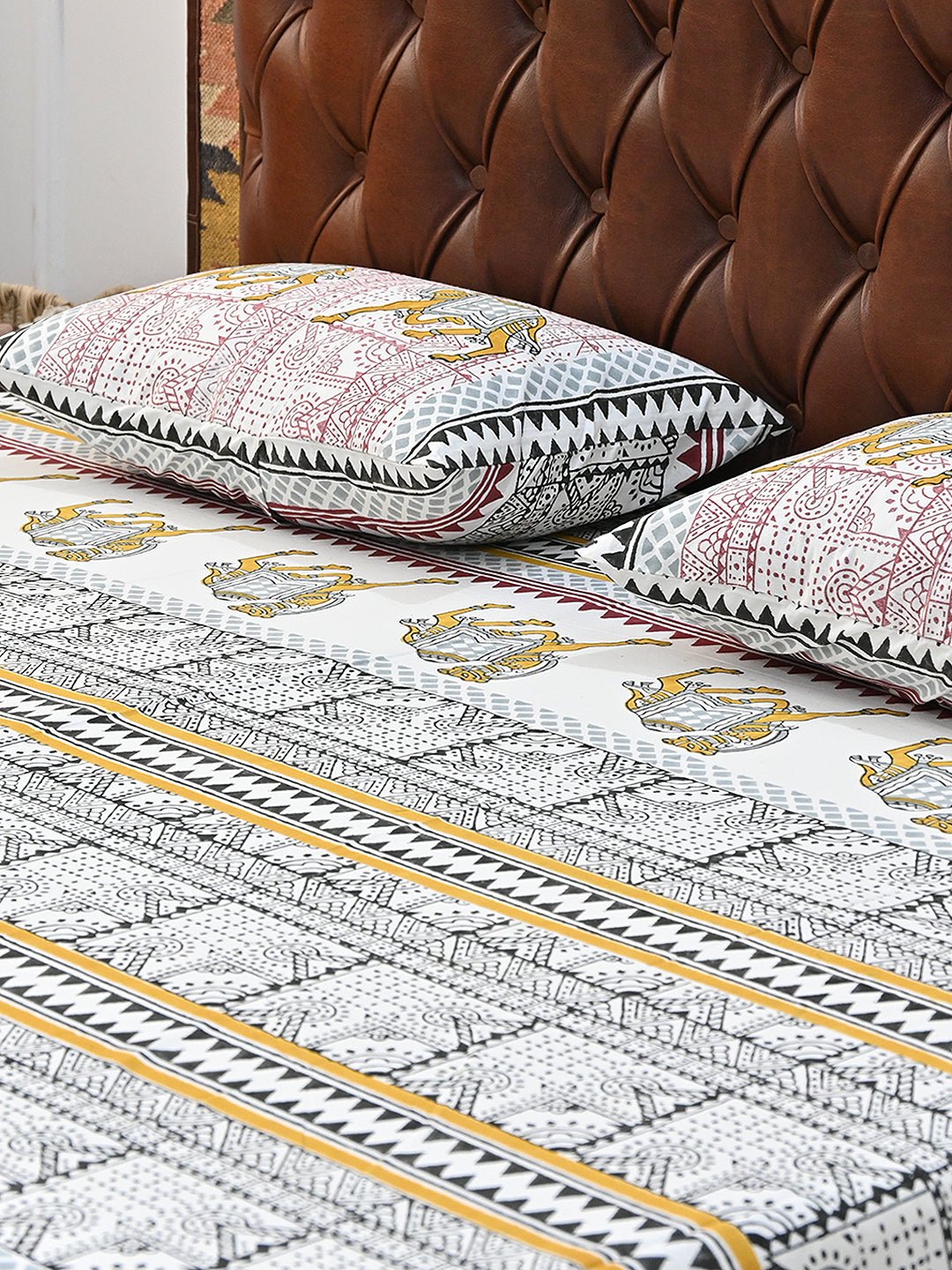 TRADITIONAL CAMEL COTTON PRINTED DOUBLE BEDSHEET WITH PILLOW - ART AVENUE