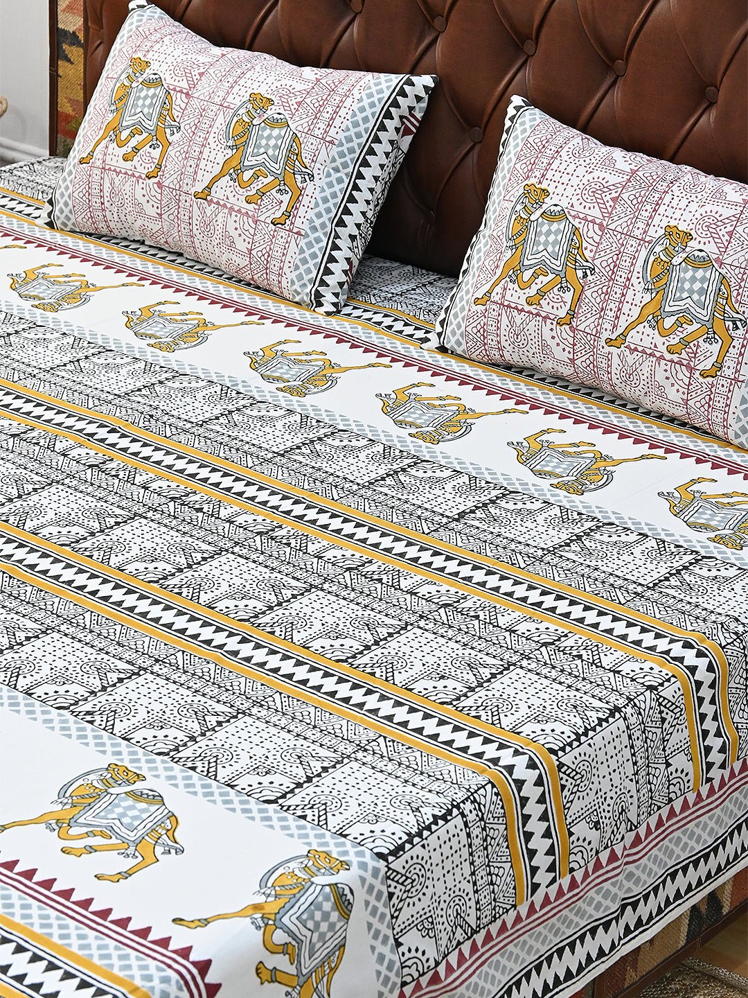 TRADITIONAL CAMEL COTTON PRINTED DOUBLE BEDSHEET WITH PILLOW - ART AVENUE