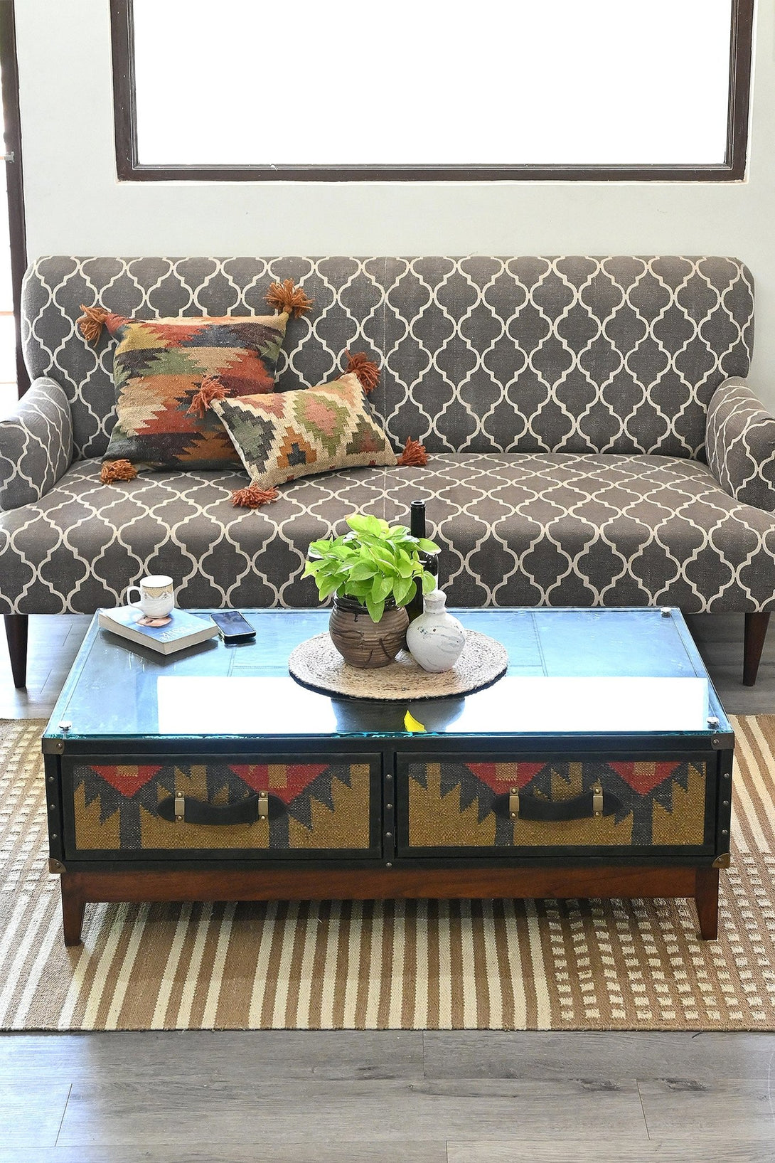 EVELYN COFFEE TABLE IN KILIM & LEATHER - ART AVENUE