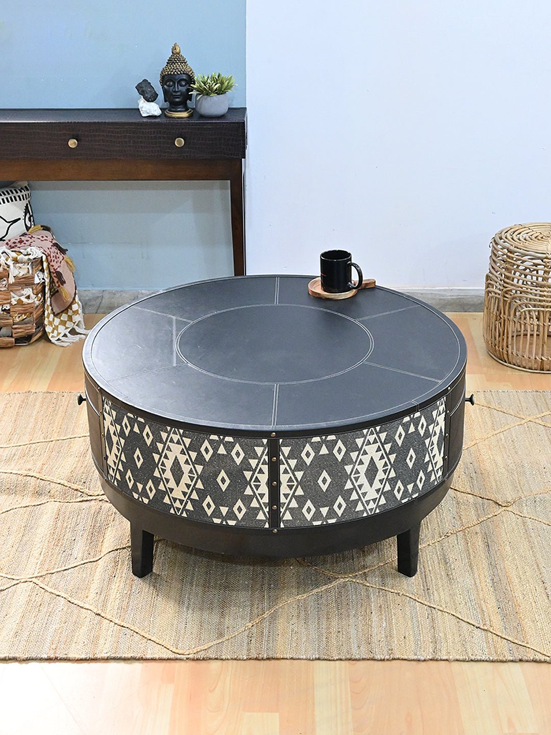 ROUND WOODEN COFFEE TABLE - LEATHER AND DIGITAL PRINTED FABRIC - ART AVENUE