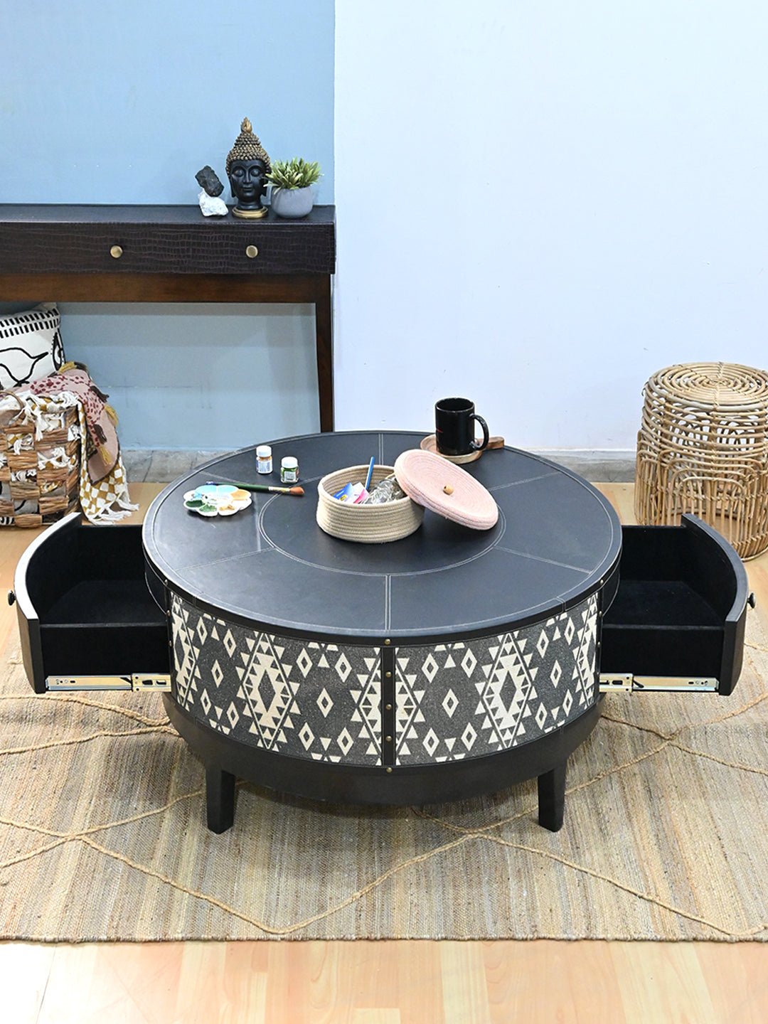 ROUND WOODEN COFFEE TABLE - LEATHER AND DIGITAL PRINTED FABRIC - ART AVENUE