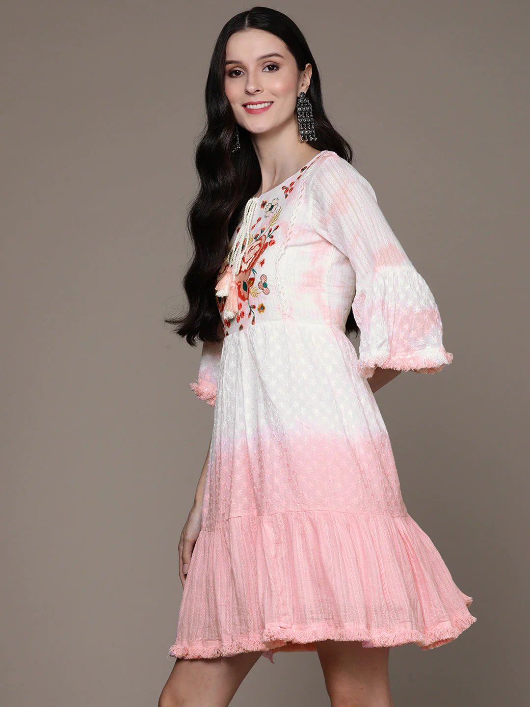 Art Avenue Women's White & Pink Embroidered A-Line Dress - ART AVENUE