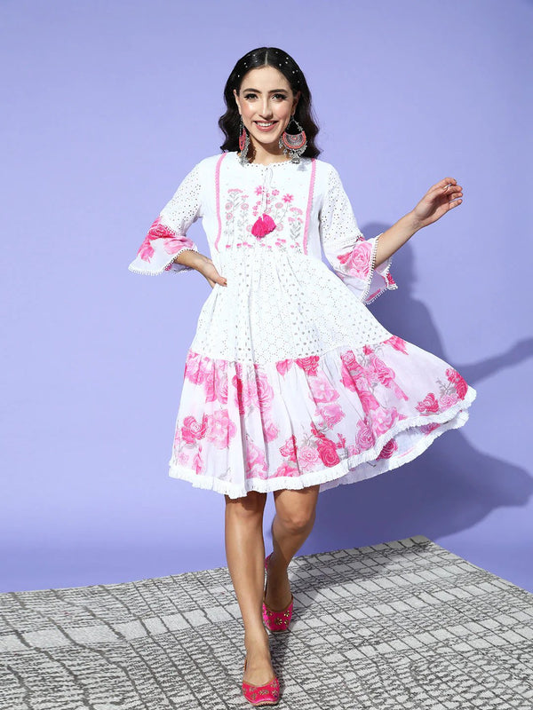 Art Avenue Women's Cotton White & Pink Schiffli Embroidered A-Line Dress - ART AVENUE