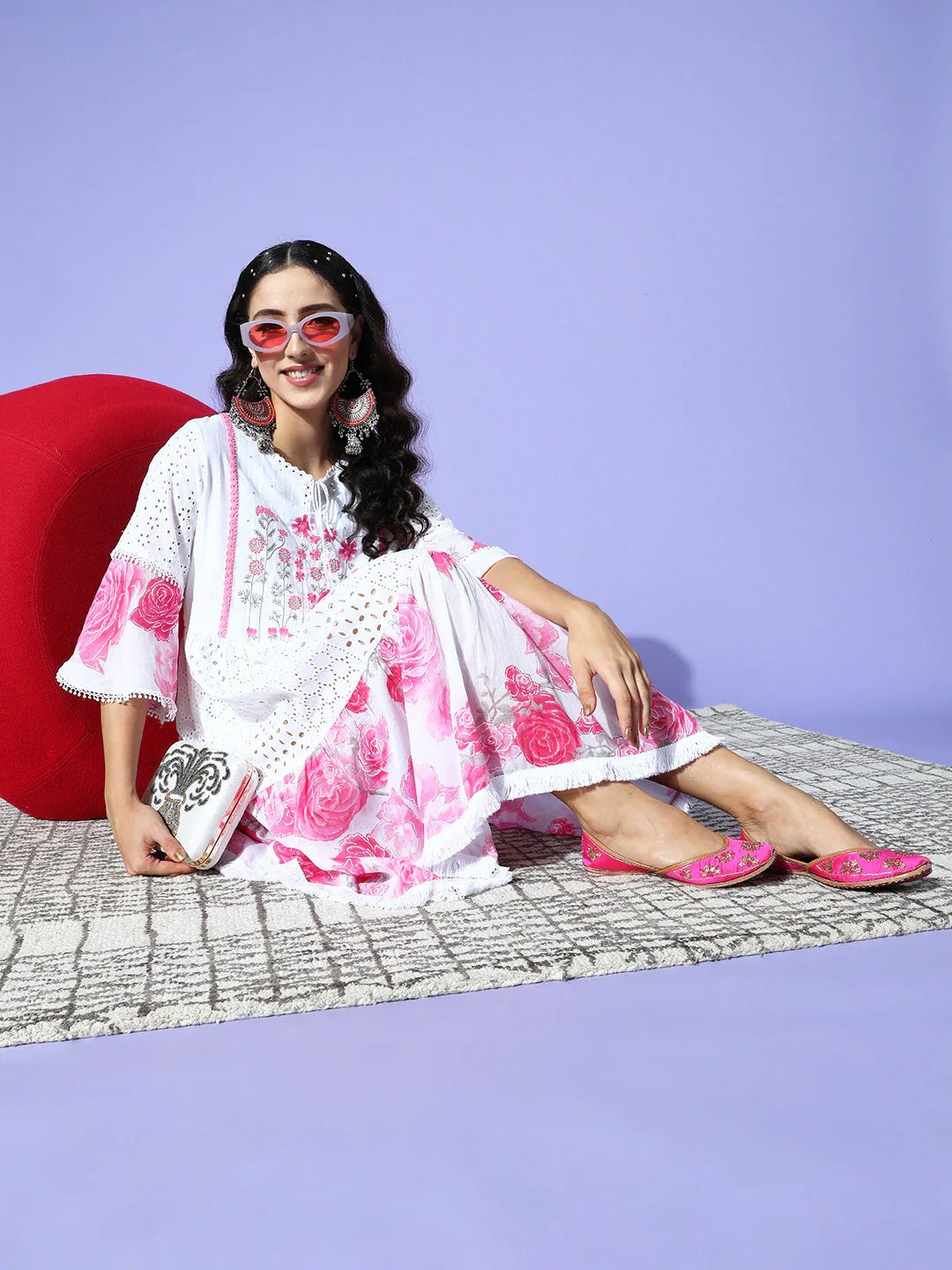 Art Avenue Women's Cotton White & Pink Schiffli Embroidered A-Line Dress - ART AVENUE