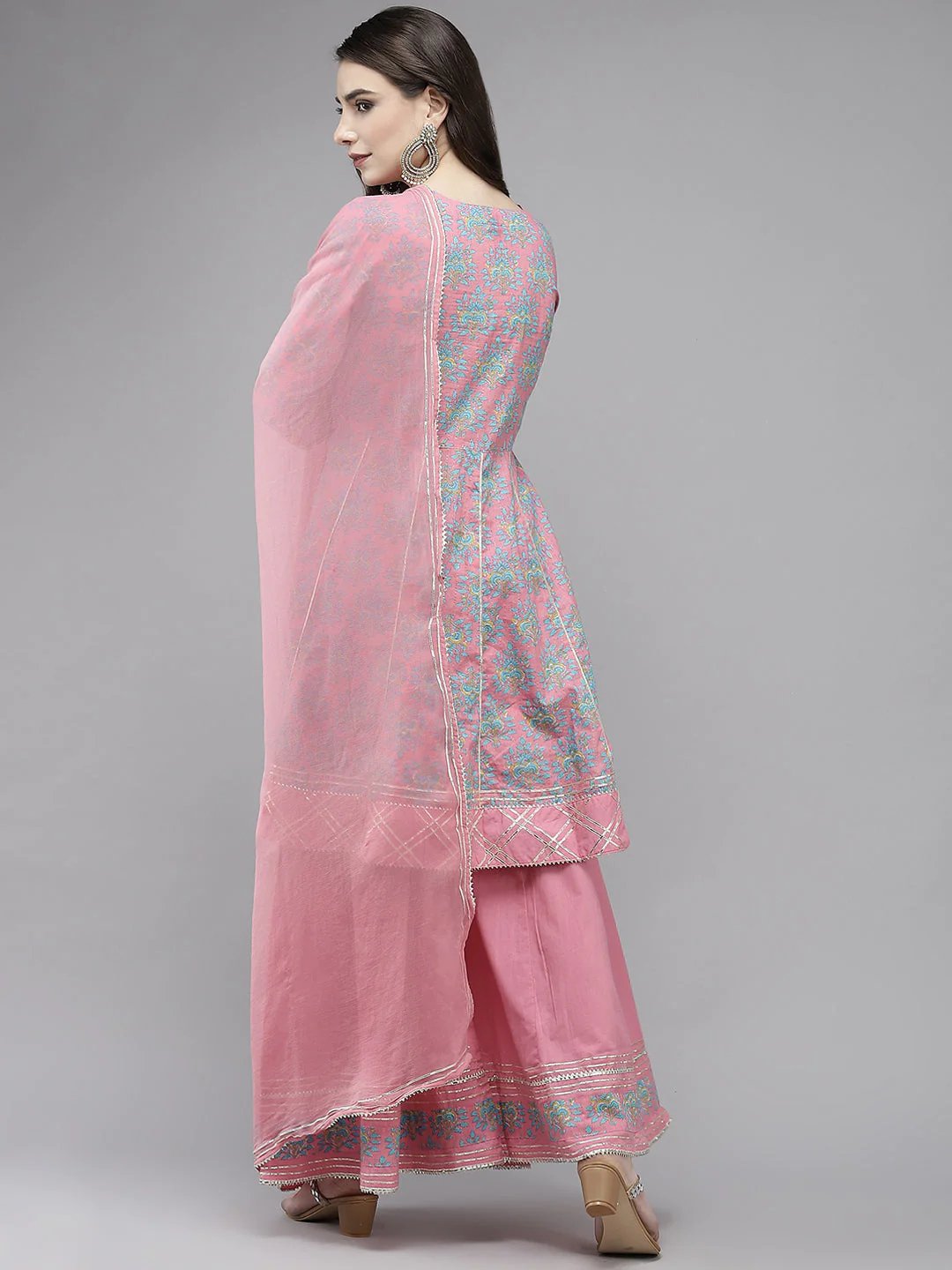 Art Avenue Women's Cotton Blend Pink Embroidered Peplum Kurta Sharara Dupatta Set - ART AVENUE