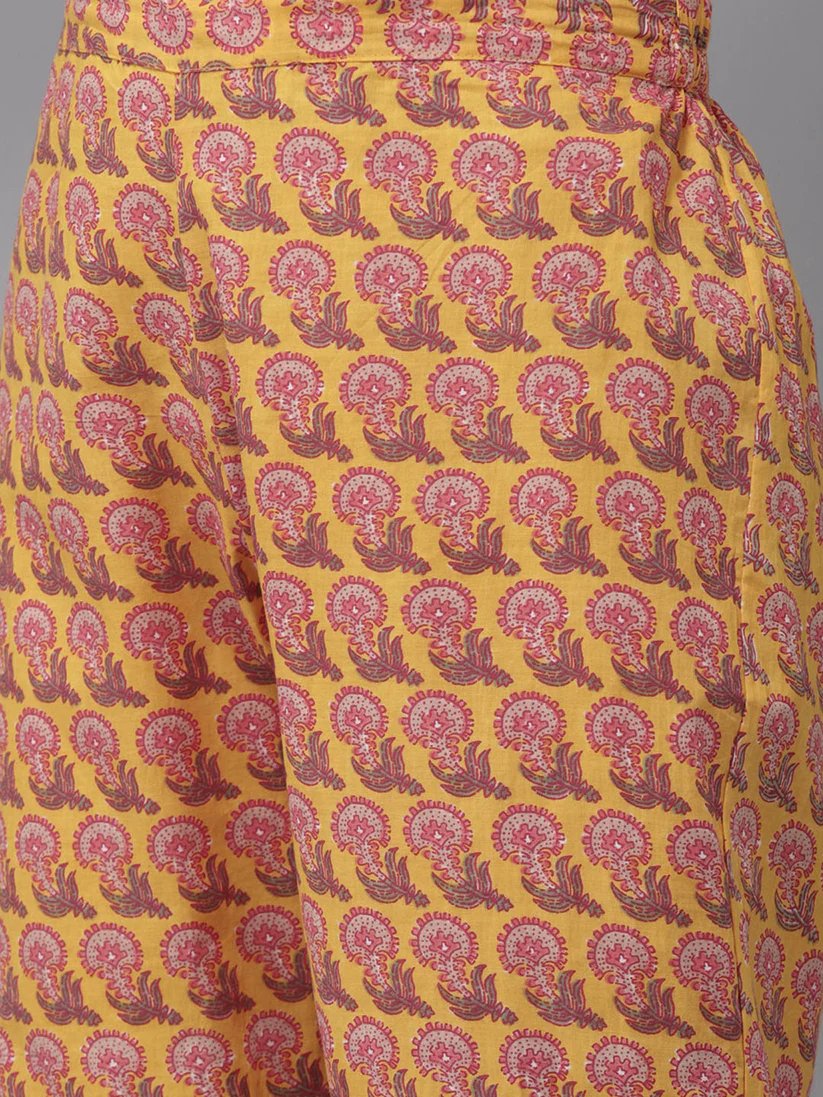 Art Avenue Women's Cotton Blend Mustard Embroidered A-Line Kurta Trouser Dupatta Set - ART AVENUE