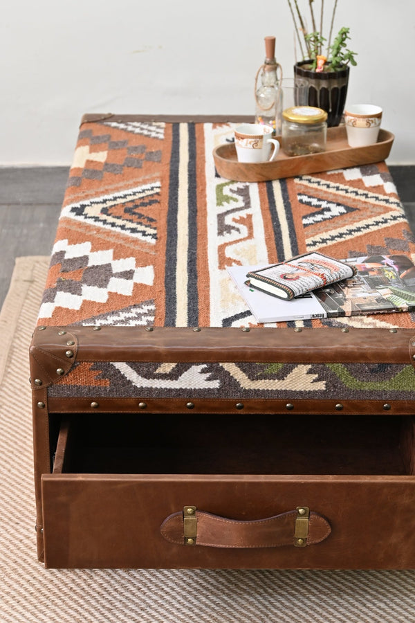 MOONSHINE COFFEE TABLE IN HANDWOVEN KILIM WITH TWO DRAWERS - ART AVENUE